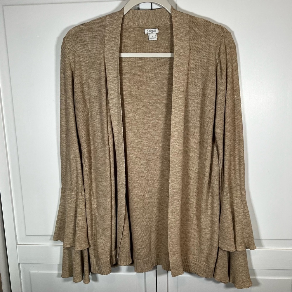 J. Crew Sweater Women's Small Open Front Cardigan Bell Sleeves Tan Cotton